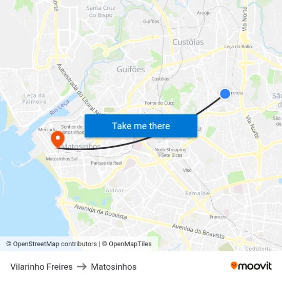 Vilarinho Freires to Matosinhos map