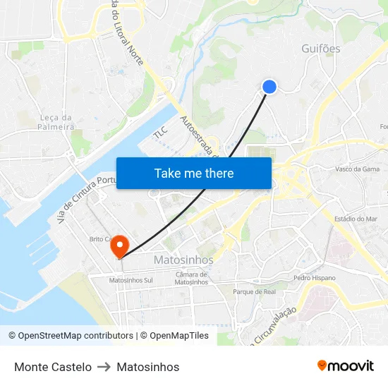 Monte Castelo to Matosinhos map