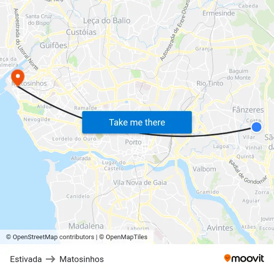Estivada to Matosinhos map