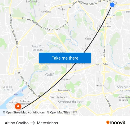 Altino Coelho to Matosinhos map