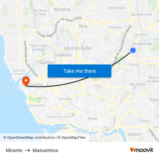 Mirante to Matosinhos map