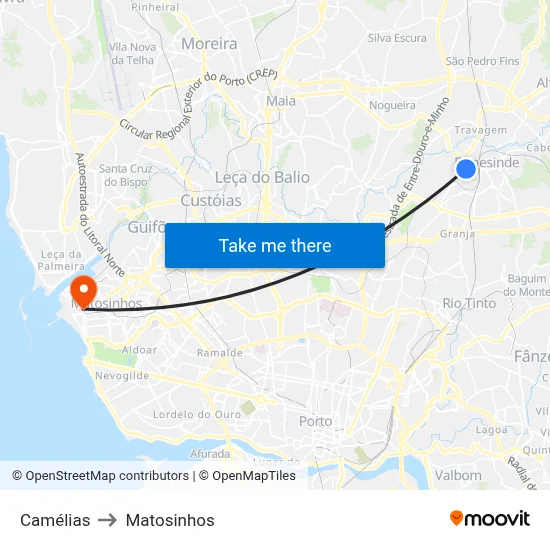 Camélias to Matosinhos map