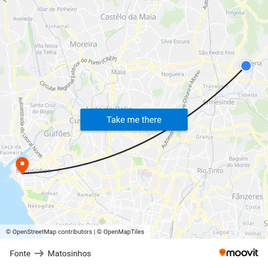 Fonte to Matosinhos map