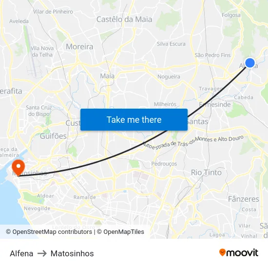 Alfena to Matosinhos map