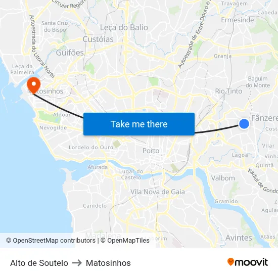 Alto de Soutelo to Matosinhos map