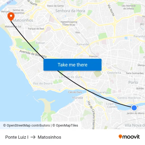 Ponte Luiz I to Matosinhos map