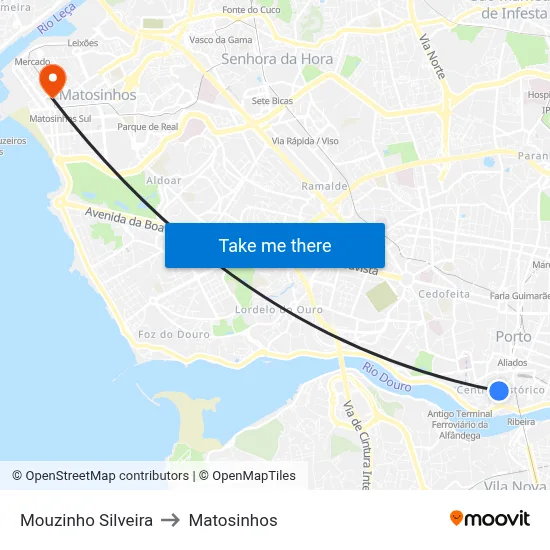 Mouzinho Silveira to Matosinhos map