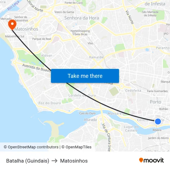 Batalha (Guindais) to Matosinhos map