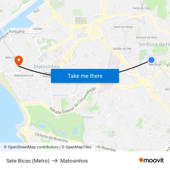 Sete Bicas (Metro) to Matosinhos map