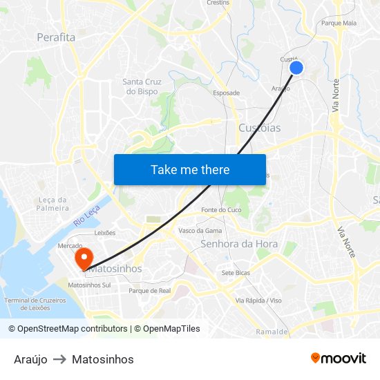 Araújo to Matosinhos map