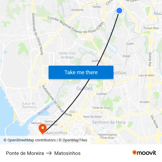 Ponte de Moreira to Matosinhos map