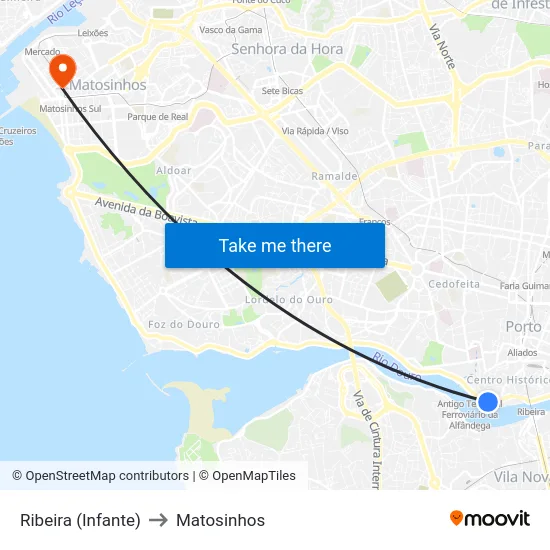 Ribeira (Infante) to Matosinhos map