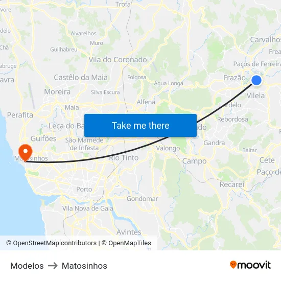 Modelos to Matosinhos map