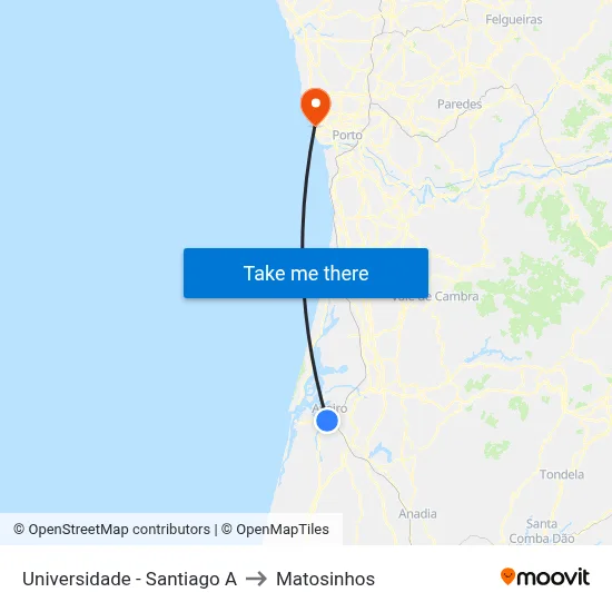 Universidade - Santiago A to Matosinhos map
