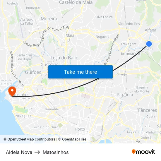 Aldeia Nova to Matosinhos map