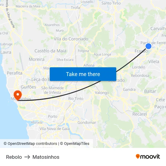 Rebolo to Matosinhos map