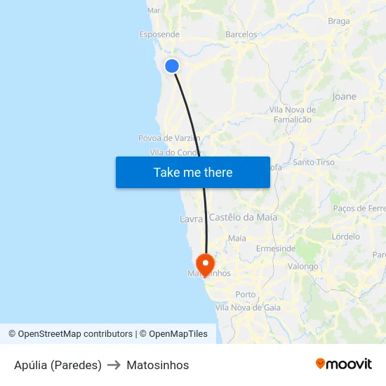 Apúlia (Paredes) to Matosinhos map