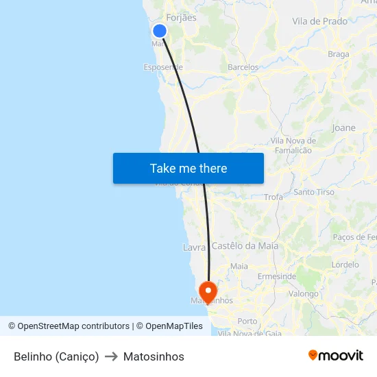 Belinho (Caniço) to Matosinhos map