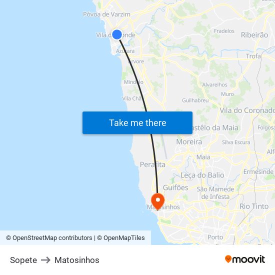 Sopete to Matosinhos map