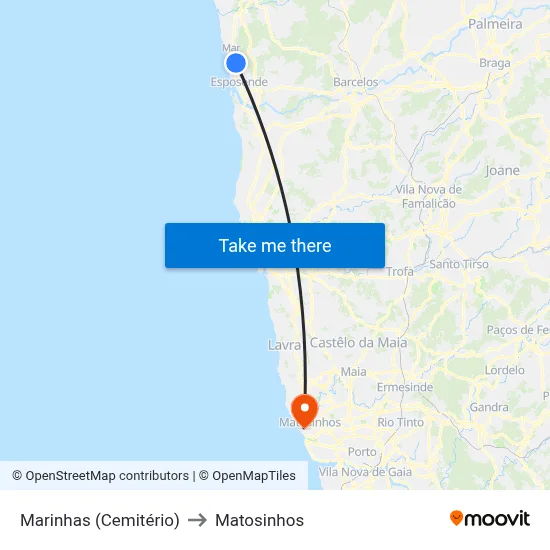 Marinhas (Cemitério) to Matosinhos map
