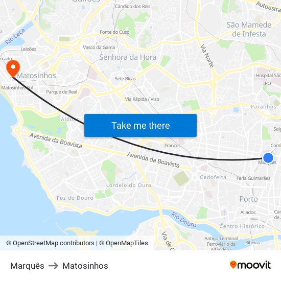 Marquês to Matosinhos map