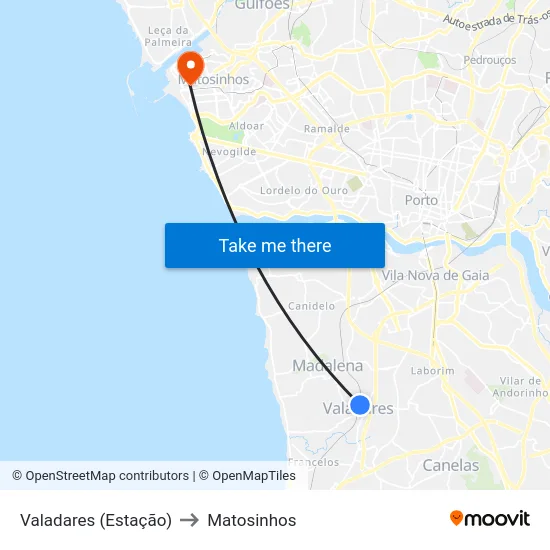 Valadares (Estação) to Matosinhos map