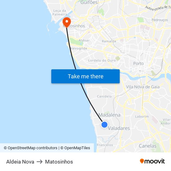 Aldeia Nova to Matosinhos map