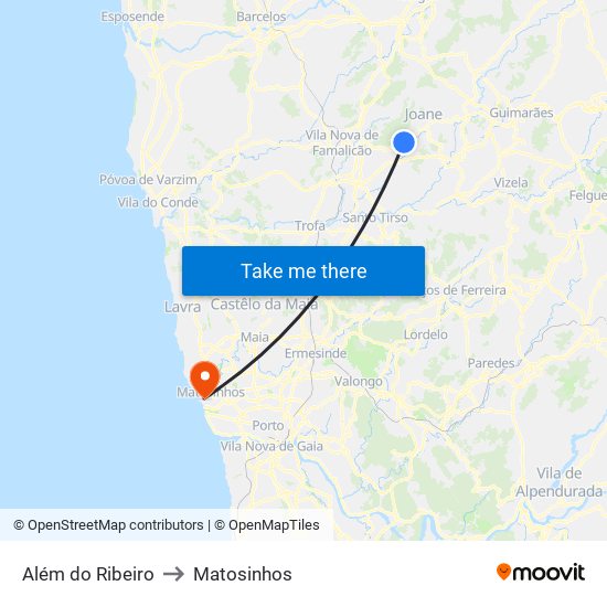 Além do Ribeiro to Matosinhos map