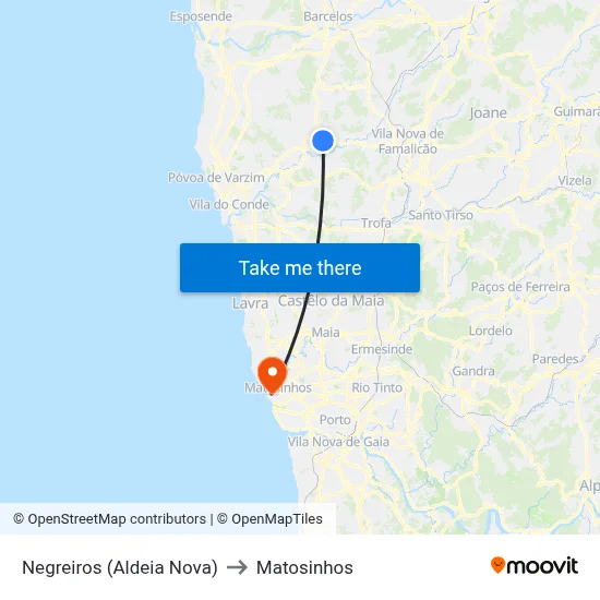 Negreiros (Aldeia Nova) to Matosinhos map