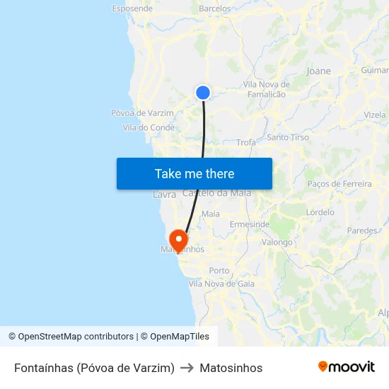 Fontaínhas (Póvoa de Varzim) to Matosinhos map