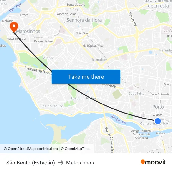 São Bento (Estação) to Matosinhos map