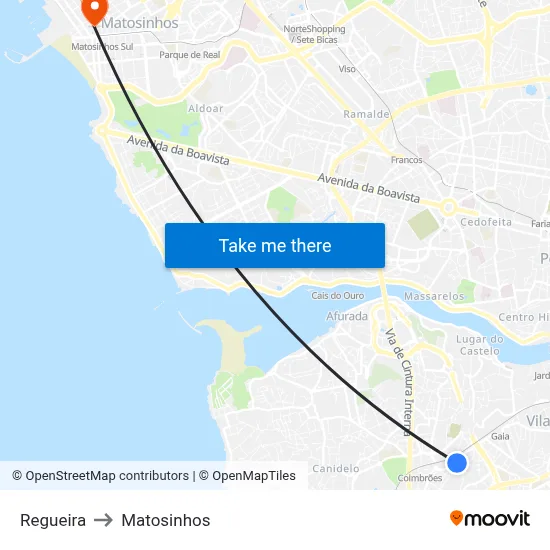 Regueira to Matosinhos map