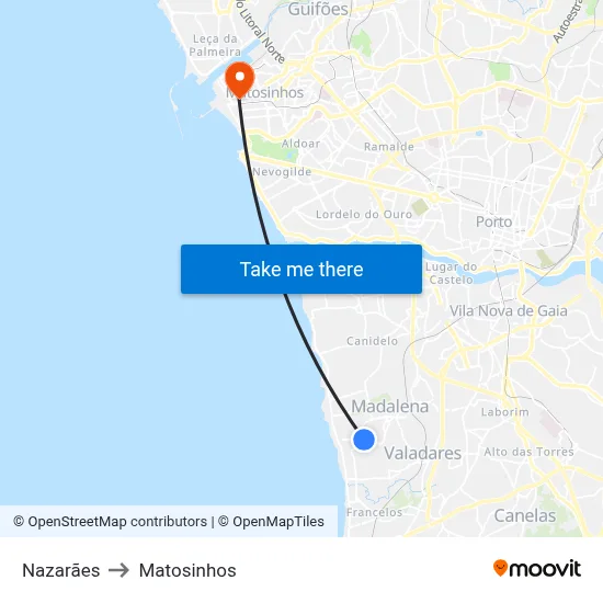 Nazarães to Matosinhos map