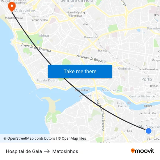 Hospital de Gaia to Matosinhos map