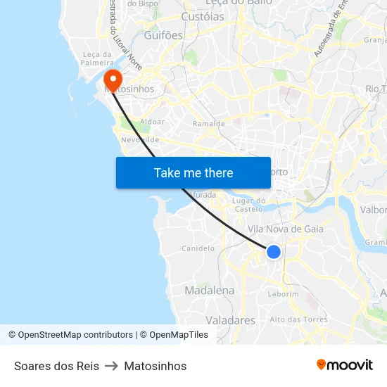 Soares dos Reis to Matosinhos map