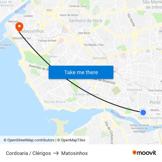 Cordoaria / Clérigos to Matosinhos map