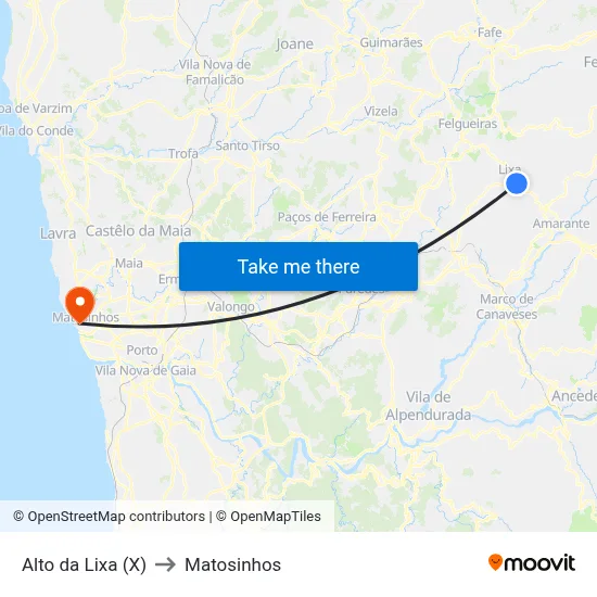 Alto da Lixa (X) to Matosinhos map