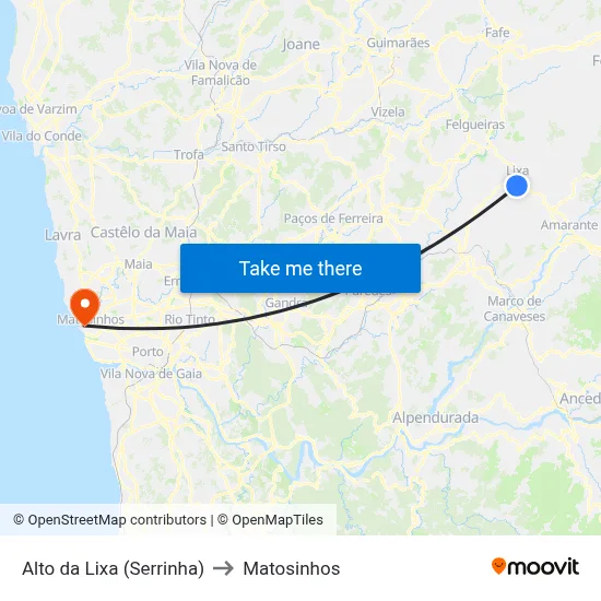 Alto da Lixa (Serrinha) to Matosinhos map