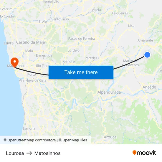 Lourosa to Matosinhos map