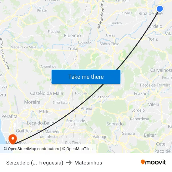 Serzedelo (J. Freguesia) to Matosinhos map