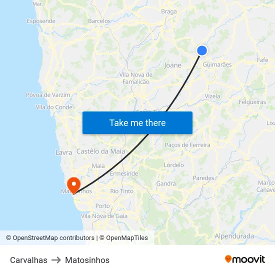 Carvalhas to Matosinhos map
