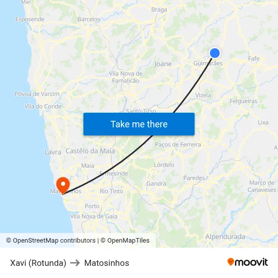 Xavi (Rotunda) to Matosinhos map