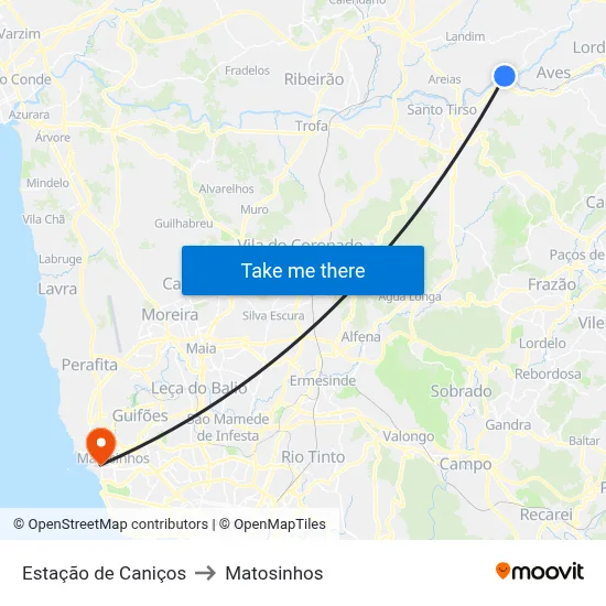 Estação de Caniços to Matosinhos map