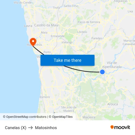 Canelas (X) to Matosinhos map