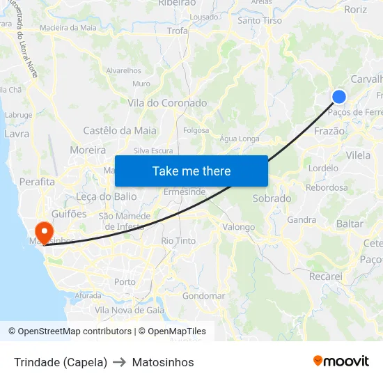 Trindade (Capela) to Matosinhos map