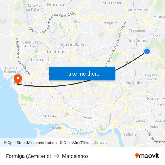 Formiga (Cemitério) to Matosinhos map