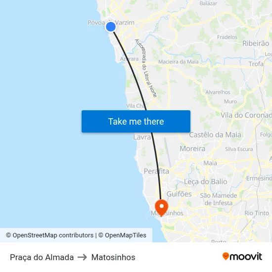 Praça do Almada to Matosinhos map