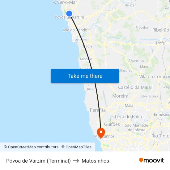 Póvoa de Varzim (Terminal) to Matosinhos map