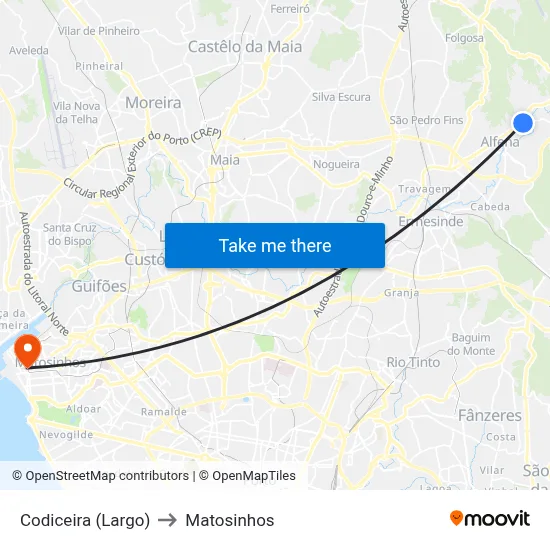 Codiceira (Largo) to Matosinhos map