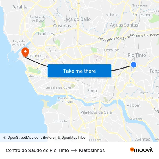 Centro de Saúde de Rio Tinto to Matosinhos map